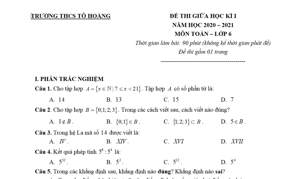 Toán 6: Đề kiểm tra giữa học kì 1. Trường THCS Tô Hoàng năm học 2021-2022